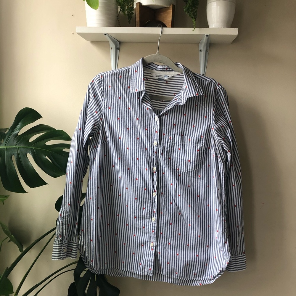Old Navy Buttons Down: Blue Stripes & Red Hearts